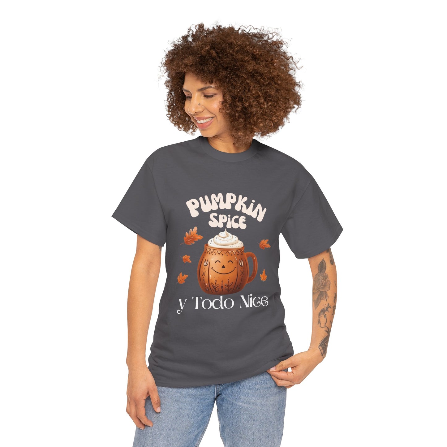 Pumpkin Spice y Todo Nice Unisex Heavy Cotton Tee, Autumn Shirt, Fall Apparel, Holiday Gift, Cozy Layering, Halloween T-Shirt