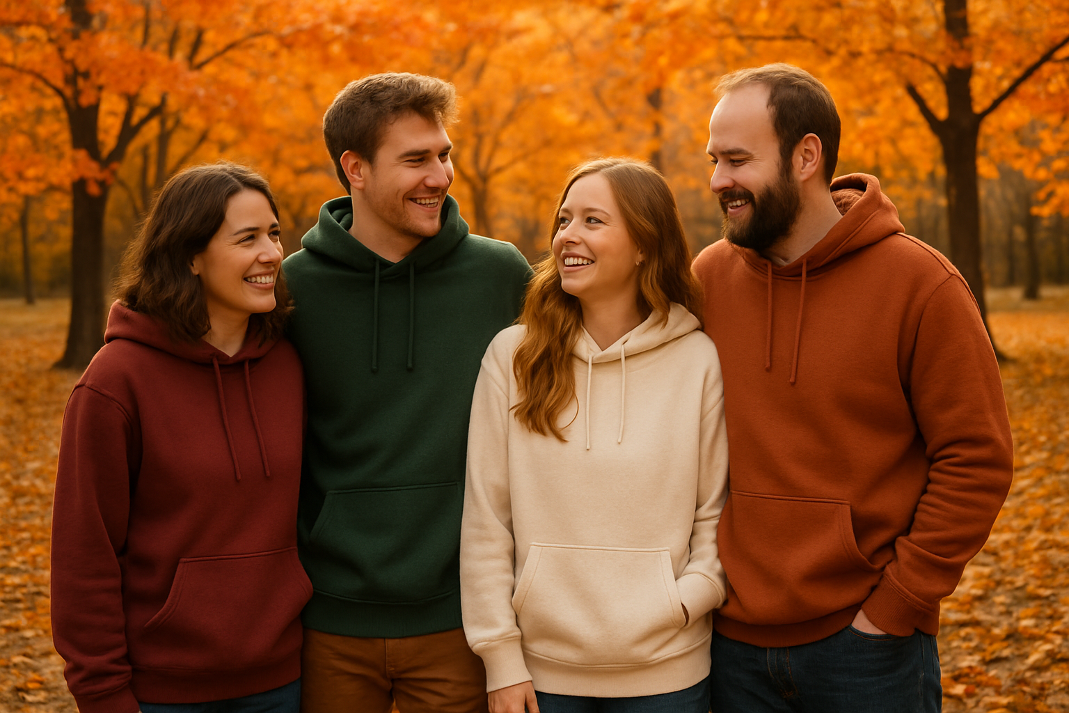 People in sweatshirts, fall setting