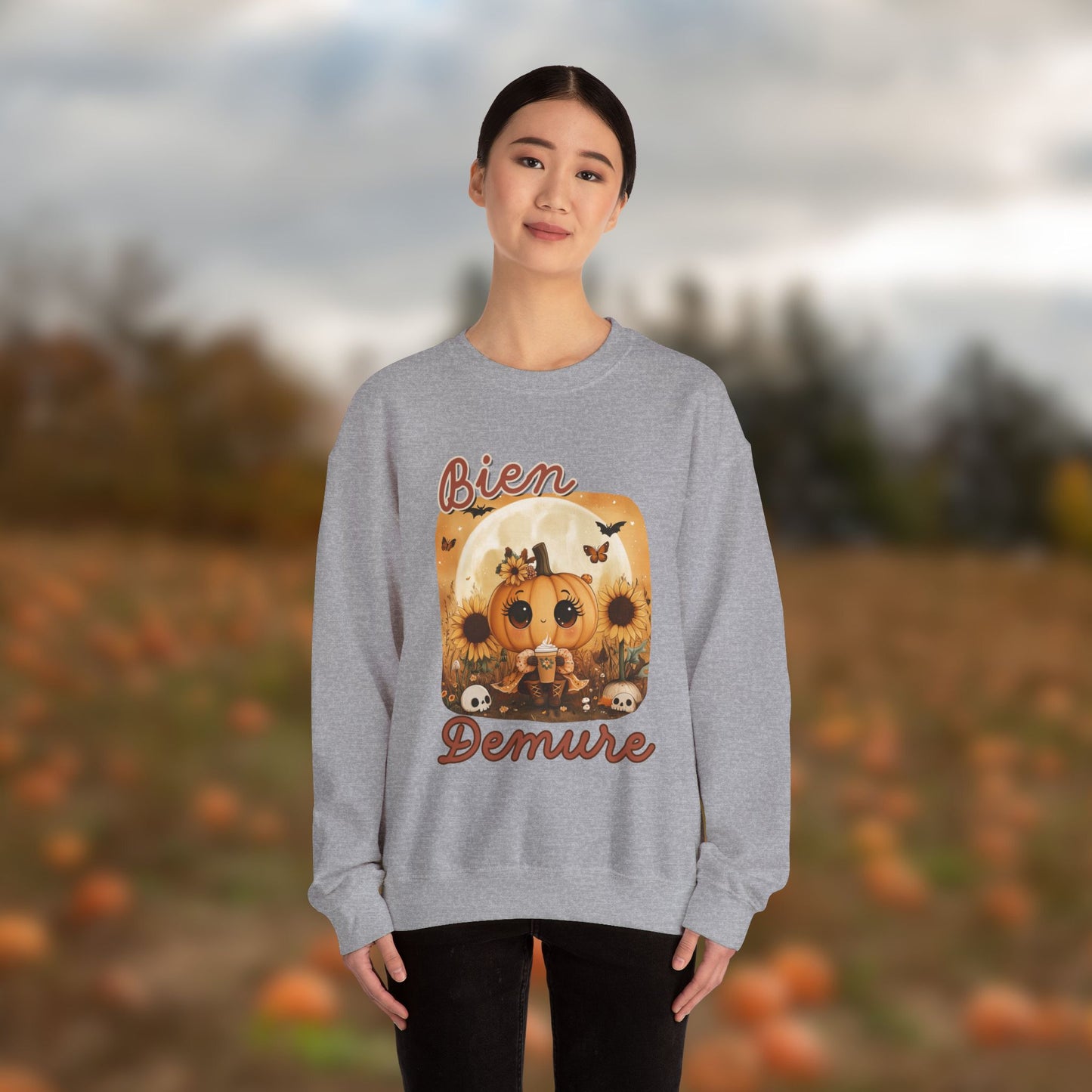Crewneck Sweatshirt - Bien Demure Cute Pumpkin Holding Coffee for Halloween and Fall Activities