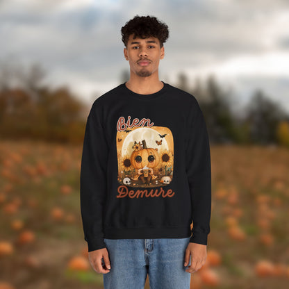 Crewneck Sweatshirt - Bien Demure Cute Pumpkin Holding Coffee for Halloween and Fall Activities