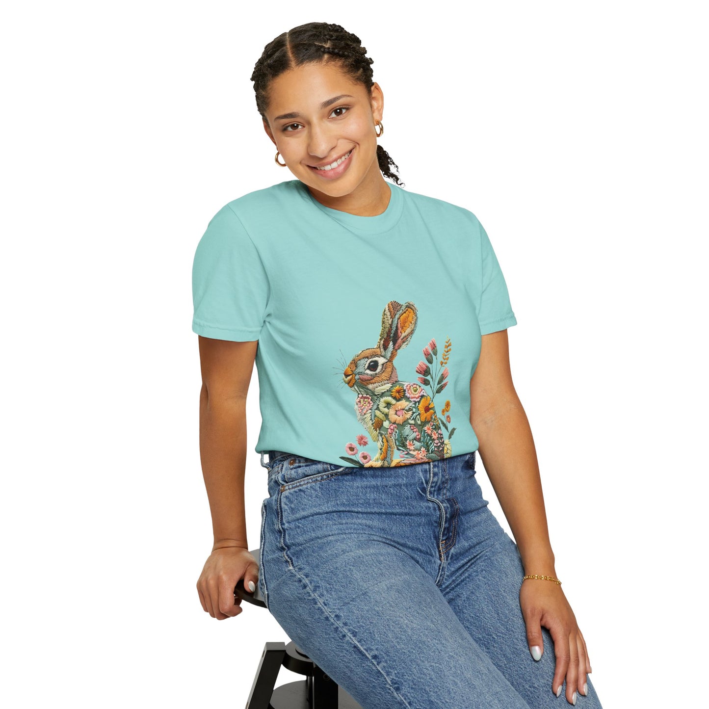 Floral Faux Embroidered Bunny Easter T-Shirt | Comfort Colors Bunny Shirt