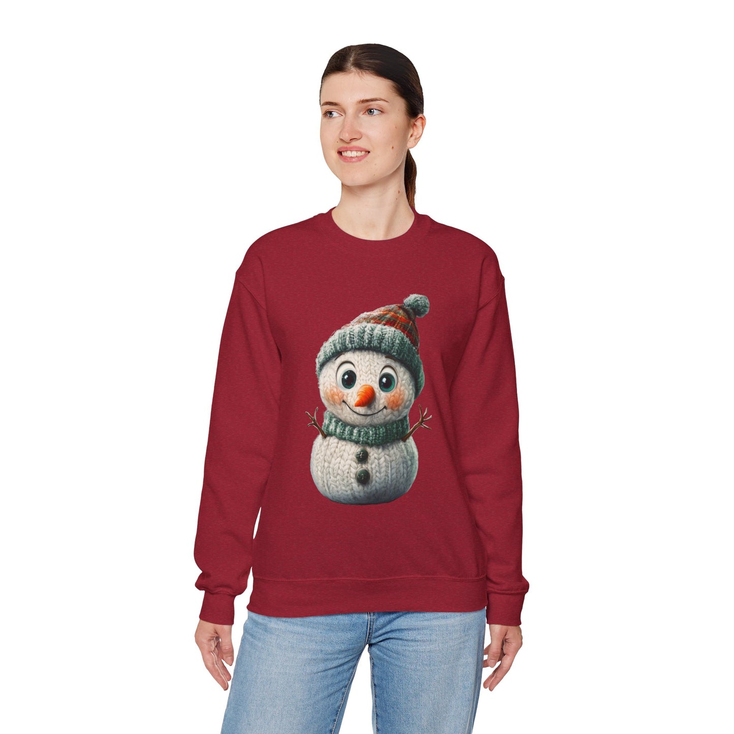 Crewneck Sweatshirt - Cute Crochet Knit Effect Snowman - Cozy Winter Holiday Pullover