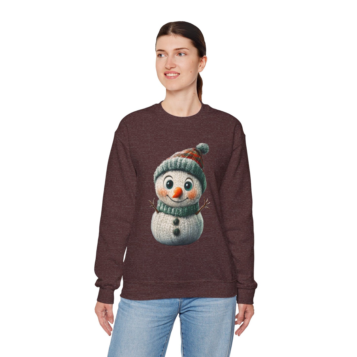 Crewneck Sweatshirt - Cute Crochet Knit Effect Snowman - Cozy Winter Holiday Pullover