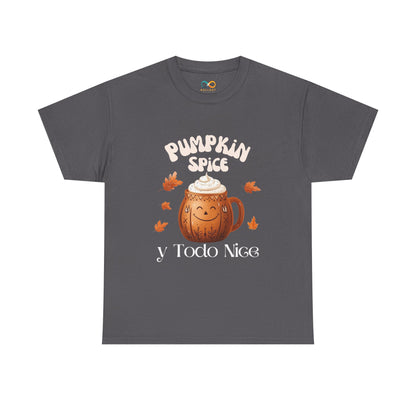 Pumpkin Spice y Todo Nice Unisex Heavy Cotton Tee, Autumn Shirt, Fall Apparel, Holiday Gift, Cozy Layering, Halloween T-Shirt