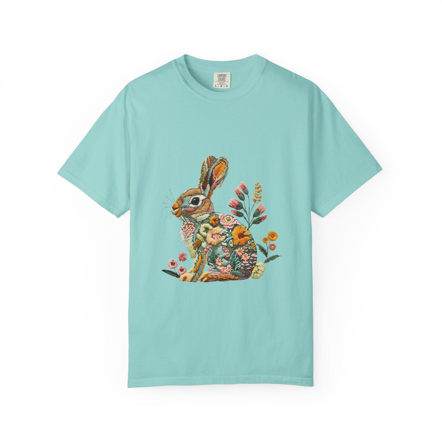 Floral Faux Embroidered Bunny Easter T-Shirt | Comfort Colors Bunny Shirt
