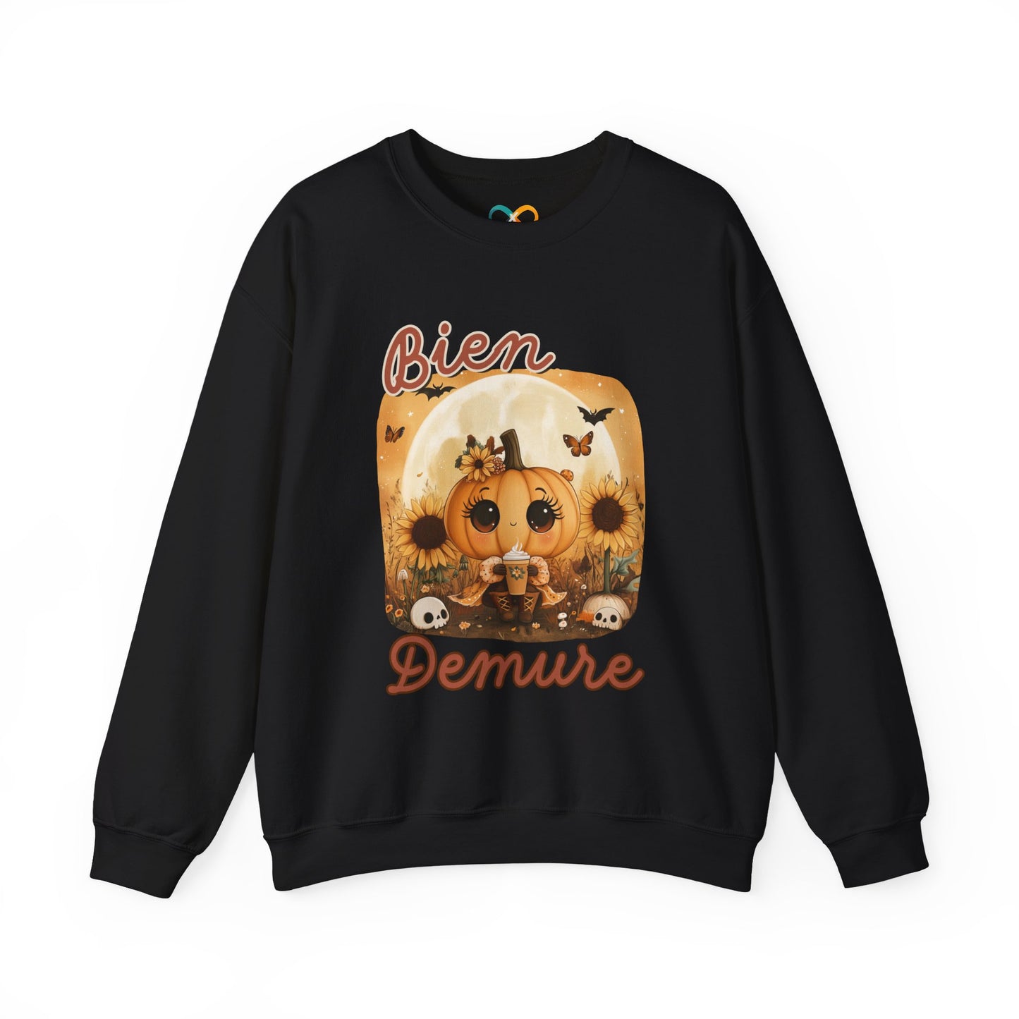 Crewneck Sweatshirt - Bien Demure Cute Pumpkin Holding Coffee for Halloween and Fall Activities