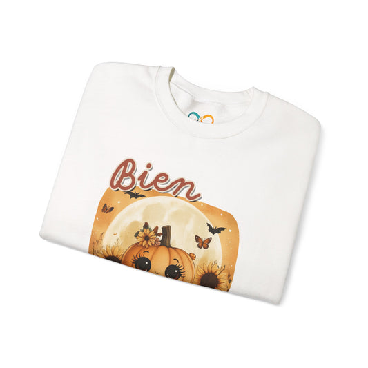 Crewneck Sweatshirt - Bien Demure Cute Pumpkin Holding Coffee for Halloween and Fall Activities
