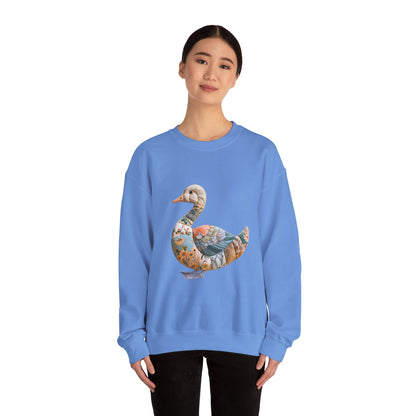 Goose FAUX Patchwork Crewneck Sweatshirt — Floral Decorative Duck Graphic Sweatshirt