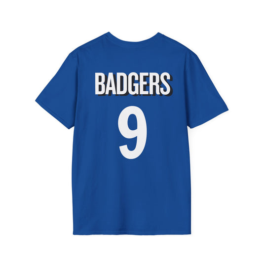 9 Badgers Mascot T‑Shirt — Fierce Badger Logo Tee w/ number 9