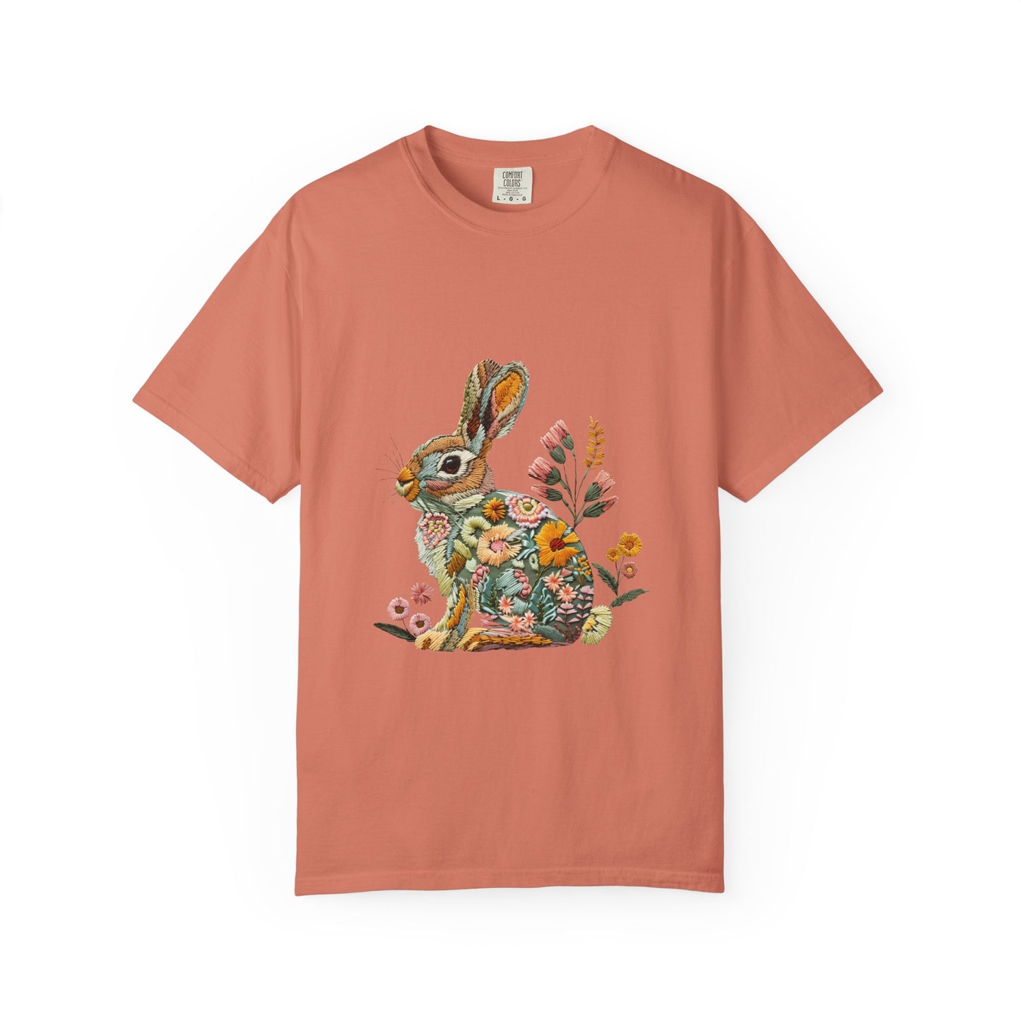 Floral Faux Embroidered Bunny Easter T-Shirt | Comfort Colors Bunny Shirt