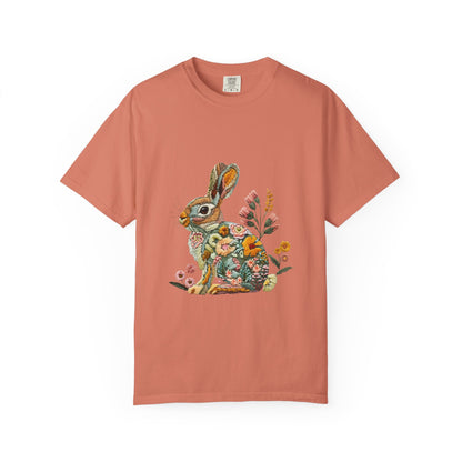 Floral Faux Embroidered Bunny Easter T-Shirt | Comfort Colors Bunny Shirt