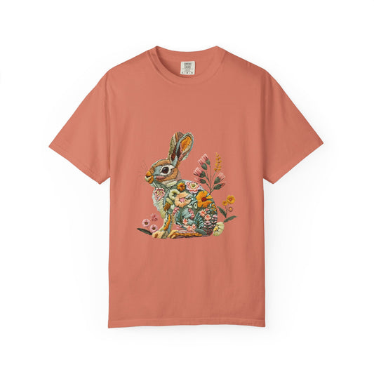 Floral Faux Embroidered Bunny Easter T-Shirt | Comfort Colors Bunny Shirt