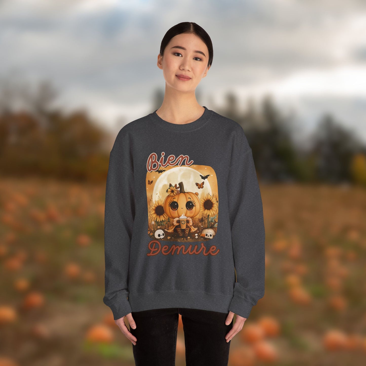Crewneck Sweatshirt - Bien Demure Cute Pumpkin Holding Coffee for Halloween and Fall Activities