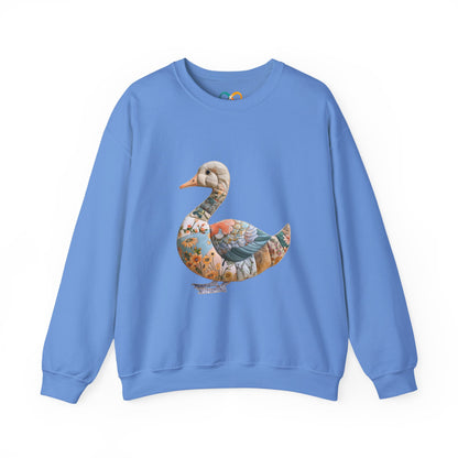 Goose FAUX Patchwork Crewneck Sweatshirt — Floral Decorative Duck Graphic Sweatshirt
