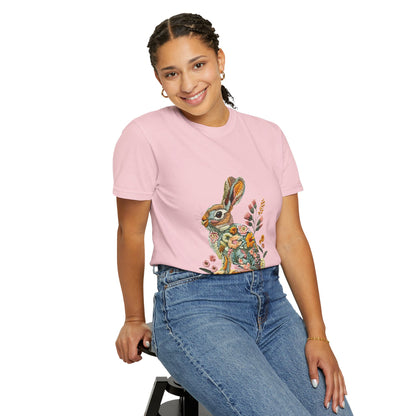 Floral Faux Embroidered Bunny Easter T-Shirt | Comfort Colors Bunny Shirt
