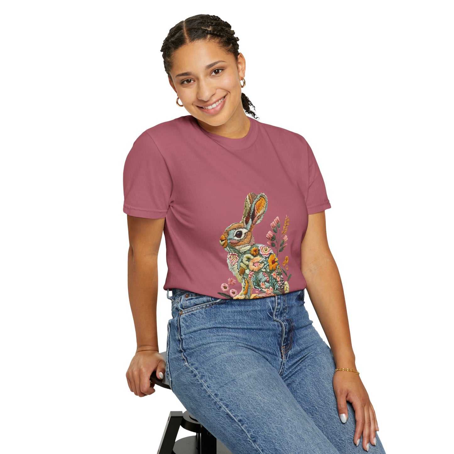 Floral Faux Embroidered Bunny Easter T-Shirt | Comfort Colors Bunny Shirt