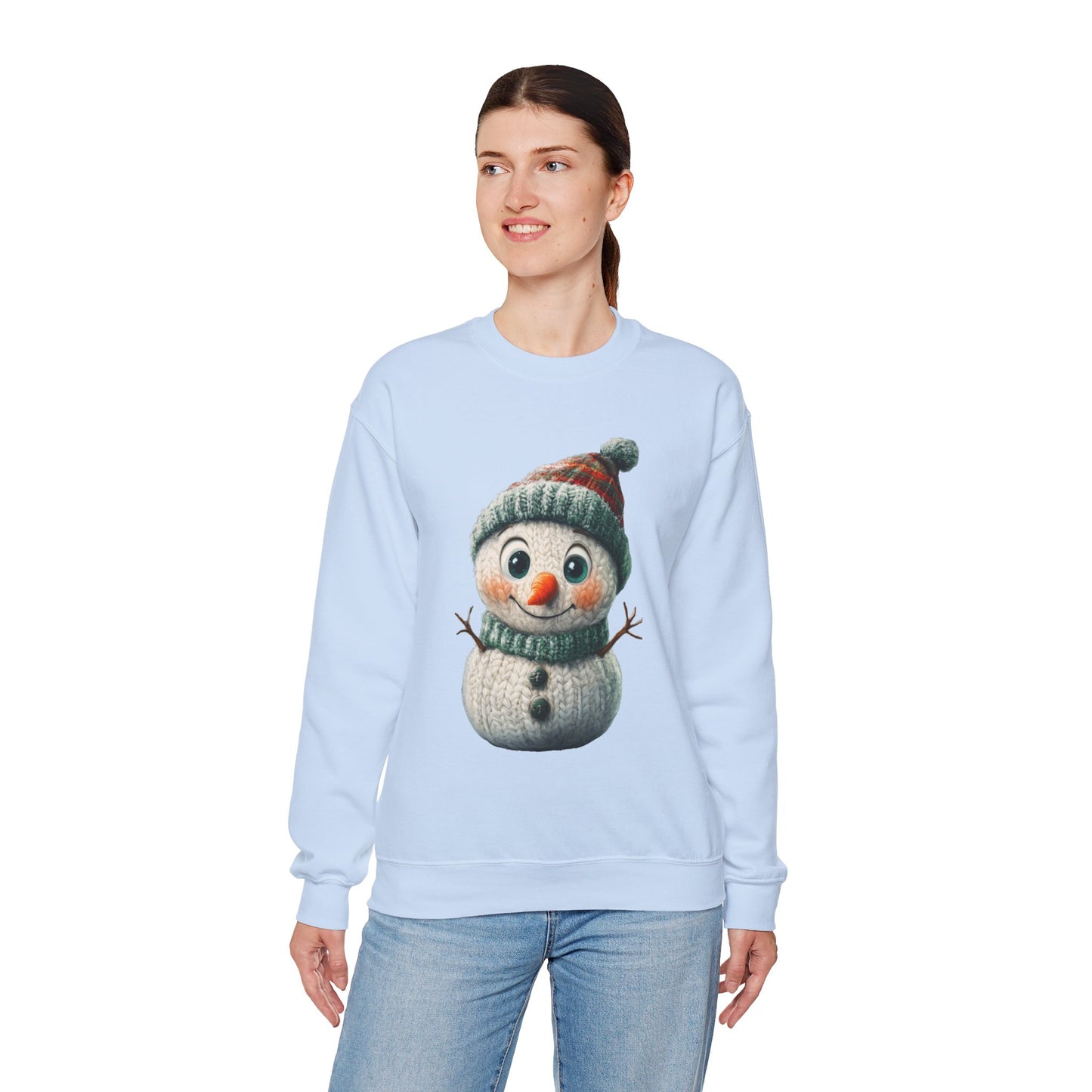 Crewneck Sweatshirt - Cute Crochet Knit Effect Snowman - Cozy Winter Holiday Pullover