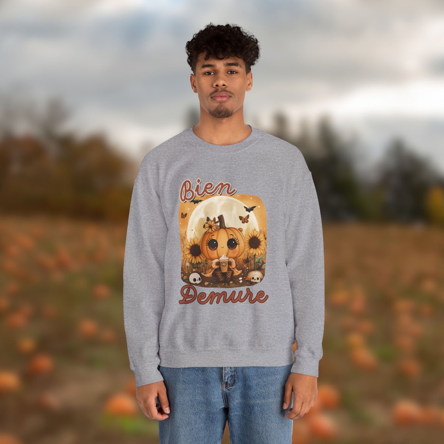 Crewneck Sweatshirt - Bien Demure Cute Pumpkin Holding Coffee for Halloween and Fall Activities
