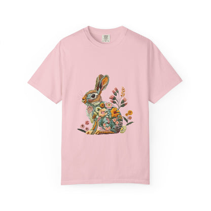 Floral Faux Embroidered Bunny Easter T-Shirt | Comfort Colors Bunny Shirt