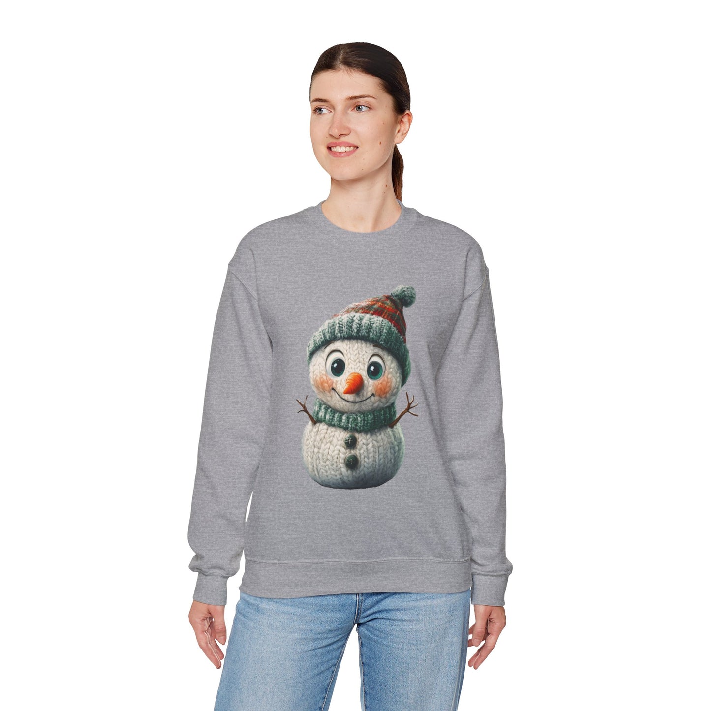 Crewneck Sweatshirt - Cute Crochet Knit Effect Snowman - Cozy Winter Holiday Pullover