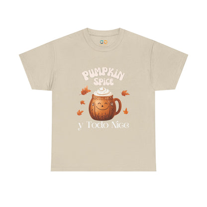 Pumpkin Spice y Todo Nice Unisex Heavy Cotton Tee, Autumn Shirt, Fall Apparel, Holiday Gift, Cozy Layering, Halloween T-Shirt