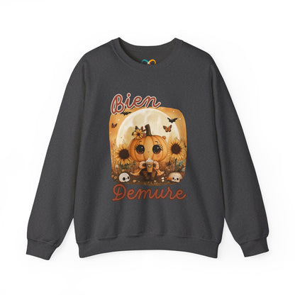 Crewneck Sweatshirt - Bien Demure Cute Pumpkin Holding Coffee for Halloween and Fall Activities