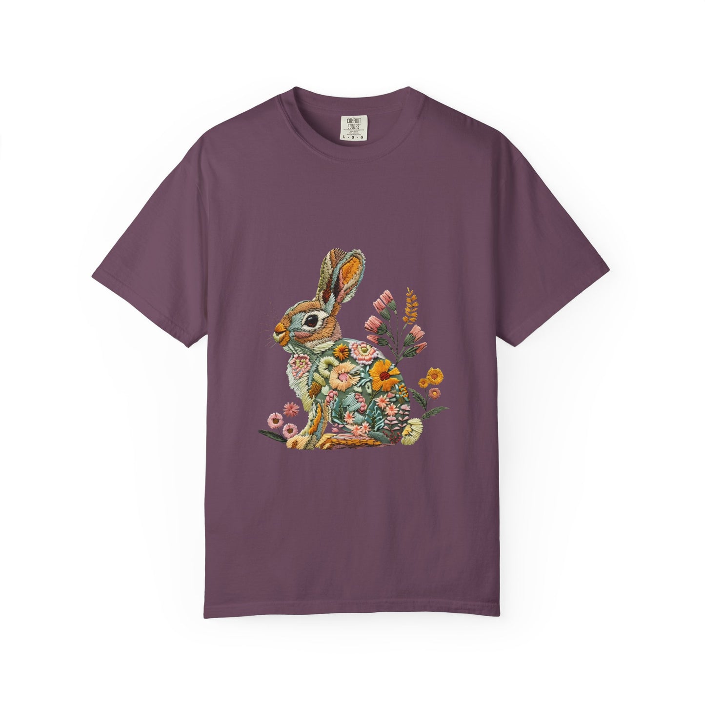 Floral Faux Embroidered Bunny Easter T-Shirt | Comfort Colors Bunny Shirt