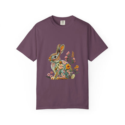 Floral Faux Embroidered Bunny Easter T-Shirt | Comfort Colors Bunny Shirt