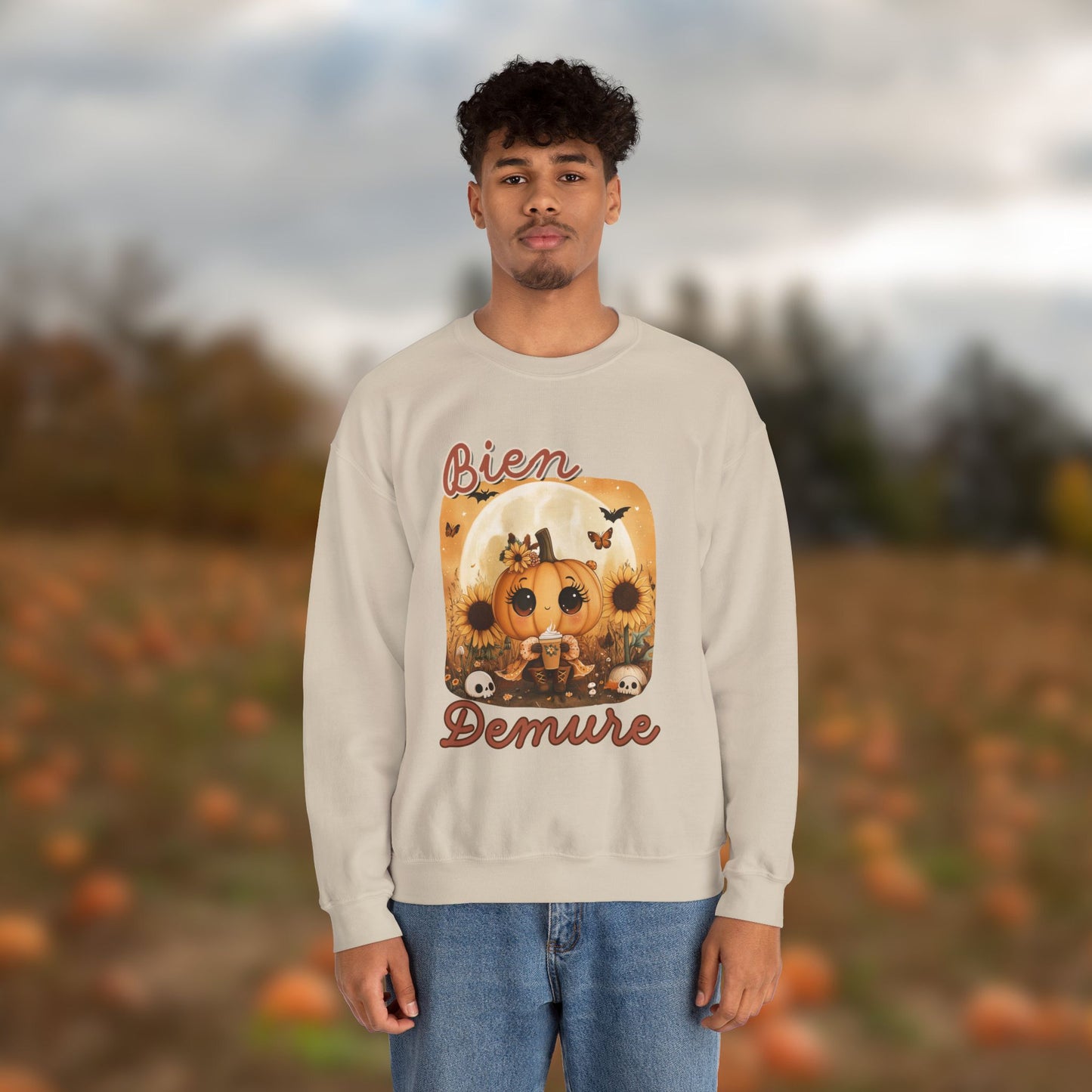 Crewneck Sweatshirt - Bien Demure Cute Pumpkin Holding Coffee for Halloween and Fall Activities