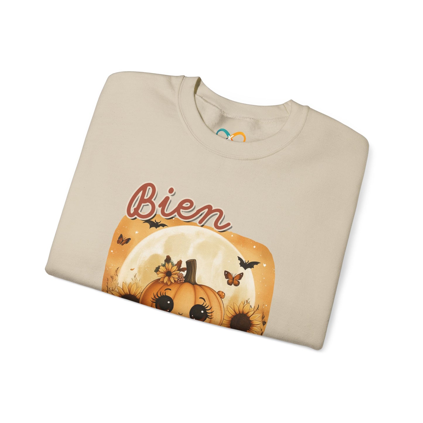 Crewneck Sweatshirt - Bien Demure Cute Pumpkin Holding Coffee for Halloween and Fall Activities