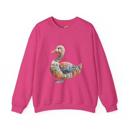 Goose FAUX Patchwork Crewneck Sweatshirt — Floral Decorative Duck Graphic Sweatshirt