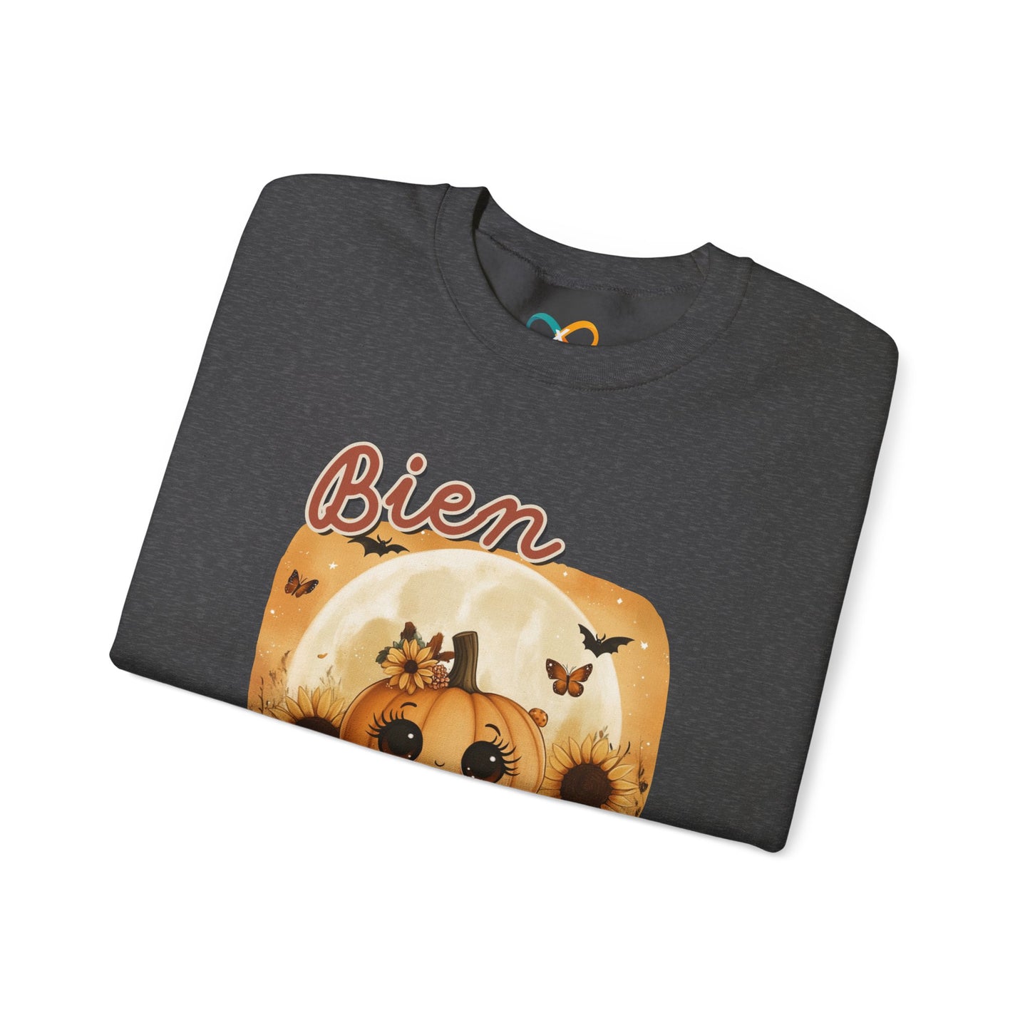 Crewneck Sweatshirt - Bien Demure Cute Pumpkin Holding Coffee for Halloween and Fall Activities