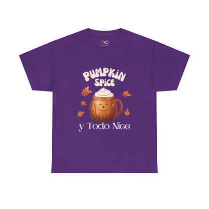 Pumpkin Spice y Todo Nice Unisex Heavy Cotton Tee, Autumn Shirt, Fall Apparel, Holiday Gift, Cozy Layering, Halloween T-Shirt