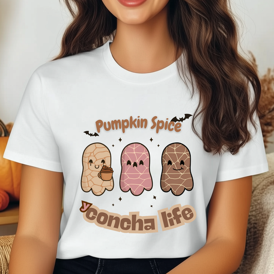 Pumpkin Spice Concha Life Halloween Tee, Unisex Cotton T-Shirt for Fall Festivals, Cute Autumn Apparel, Gift for Pumpkin Spice Lovers, Cozy Casual Wear