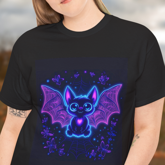 Bat Halloween Tee - Neon effect Whimsical Cottage Core Unisex Heavy Cotton