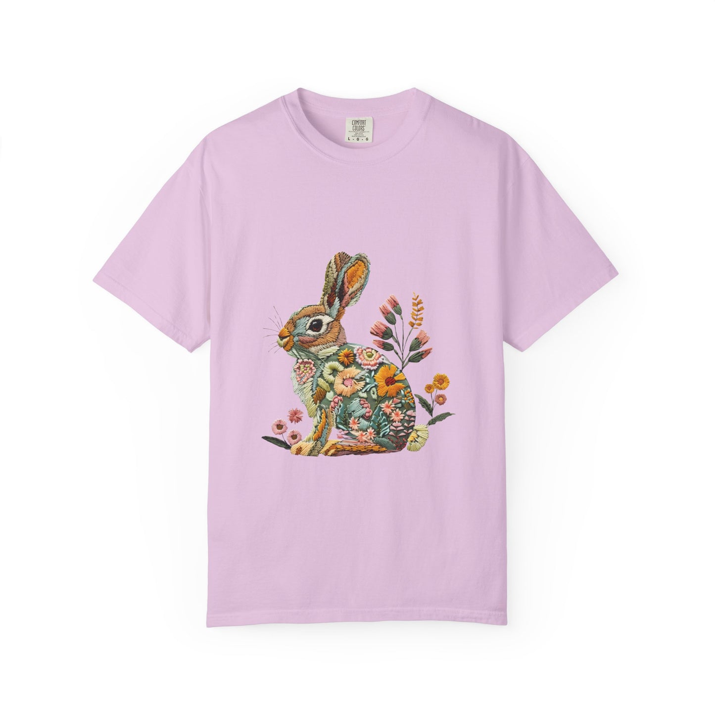 Floral Faux Embroidered Bunny Easter T-Shirt | Comfort Colors Bunny Shirt