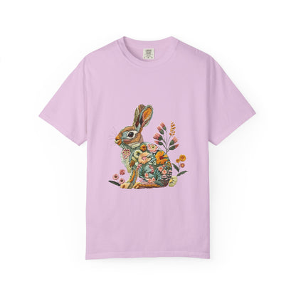 Floral Faux Embroidered Bunny Easter T-Shirt | Comfort Colors Bunny Shirt