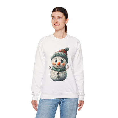 Crewneck Sweatshirt - Cute Crochet Knit Effect Snowman - Cozy Winter Holiday Pullover