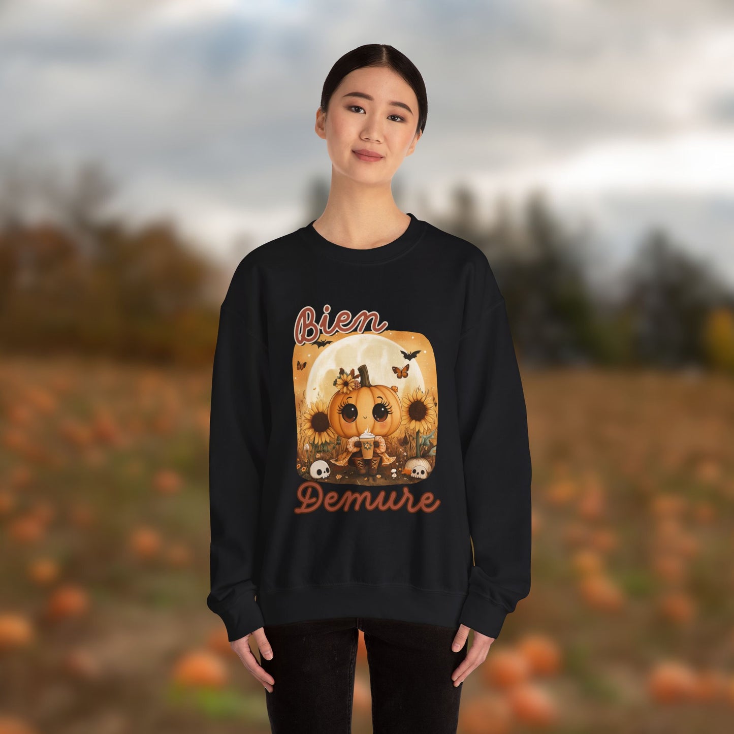 Crewneck Sweatshirt - Bien Demure Cute Pumpkin Holding Coffee for Halloween and Fall Activities
