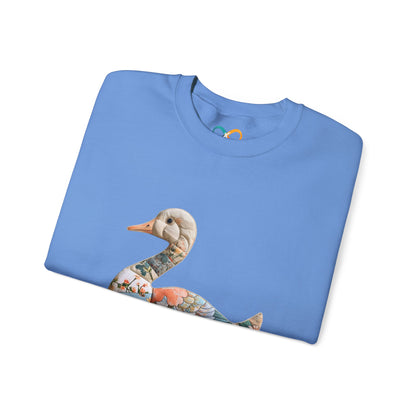 Goose FAUX Patchwork Crewneck Sweatshirt — Floral Decorative Duck Graphic Sweatshirt