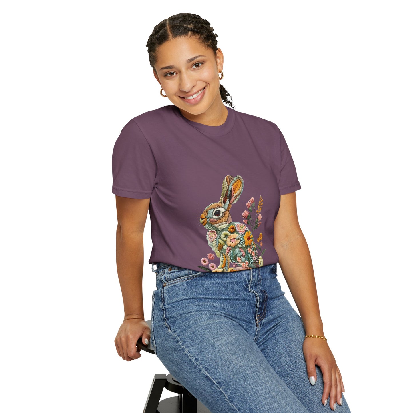Floral Faux Embroidered Bunny Easter T-Shirt | Comfort Colors Bunny Shirt