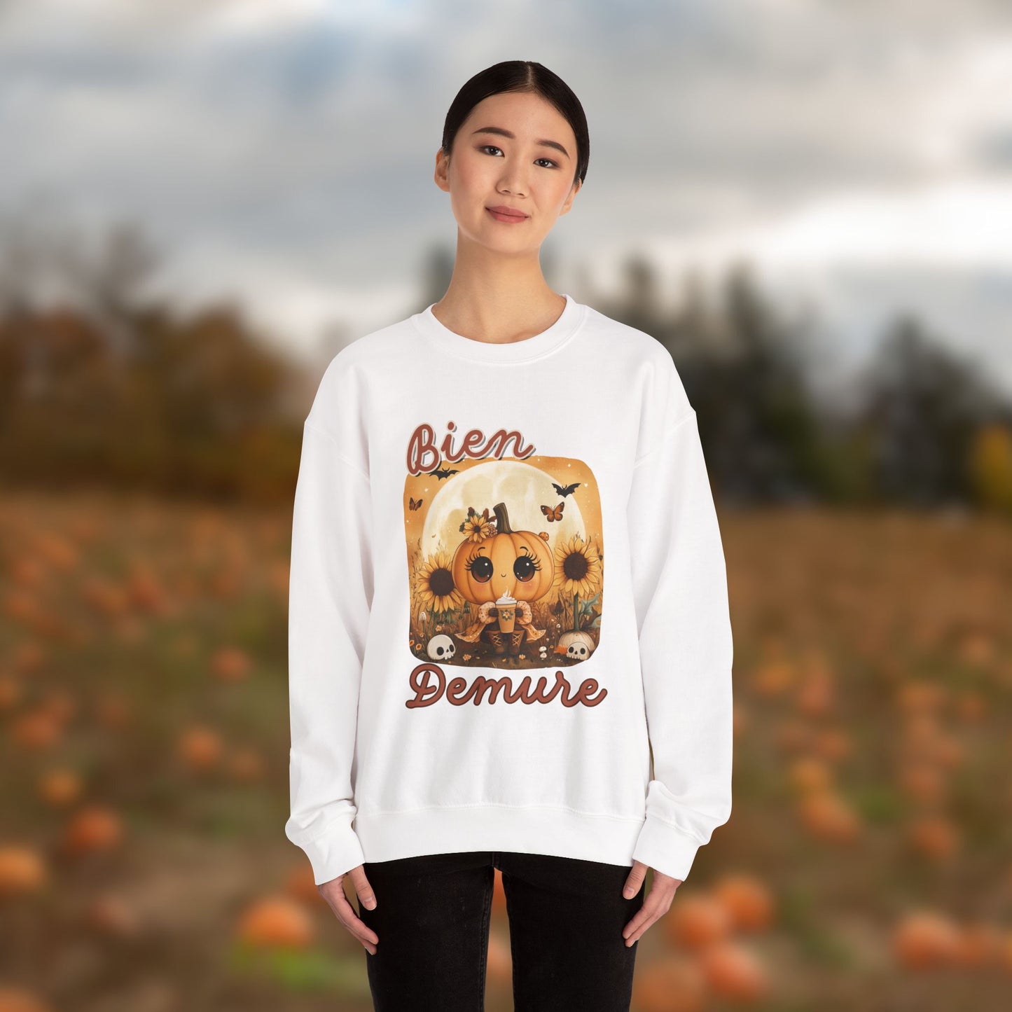 Crewneck Sweatshirt - Bien Demure Cute Pumpkin Holding Coffee for Halloween and Fall Activities
