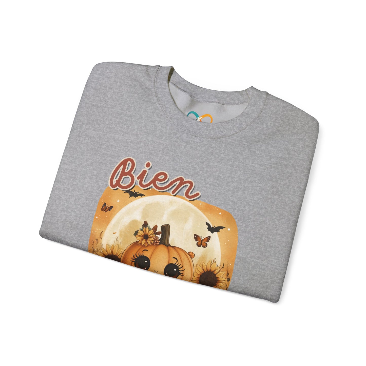 Crewneck Sweatshirt - Bien Demure Cute Pumpkin Holding Coffee for Halloween and Fall Activities