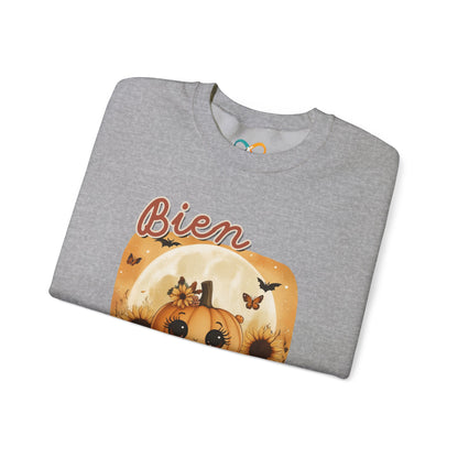 Crewneck Sweatshirt - Bien Demure Cute Pumpkin Holding Coffee for Halloween and Fall Activities