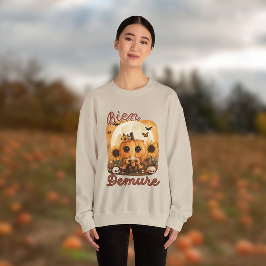 Crewneck Sweatshirt - Bien Demure Cute Pumpkin Holding Coffee for Halloween and Fall Activities