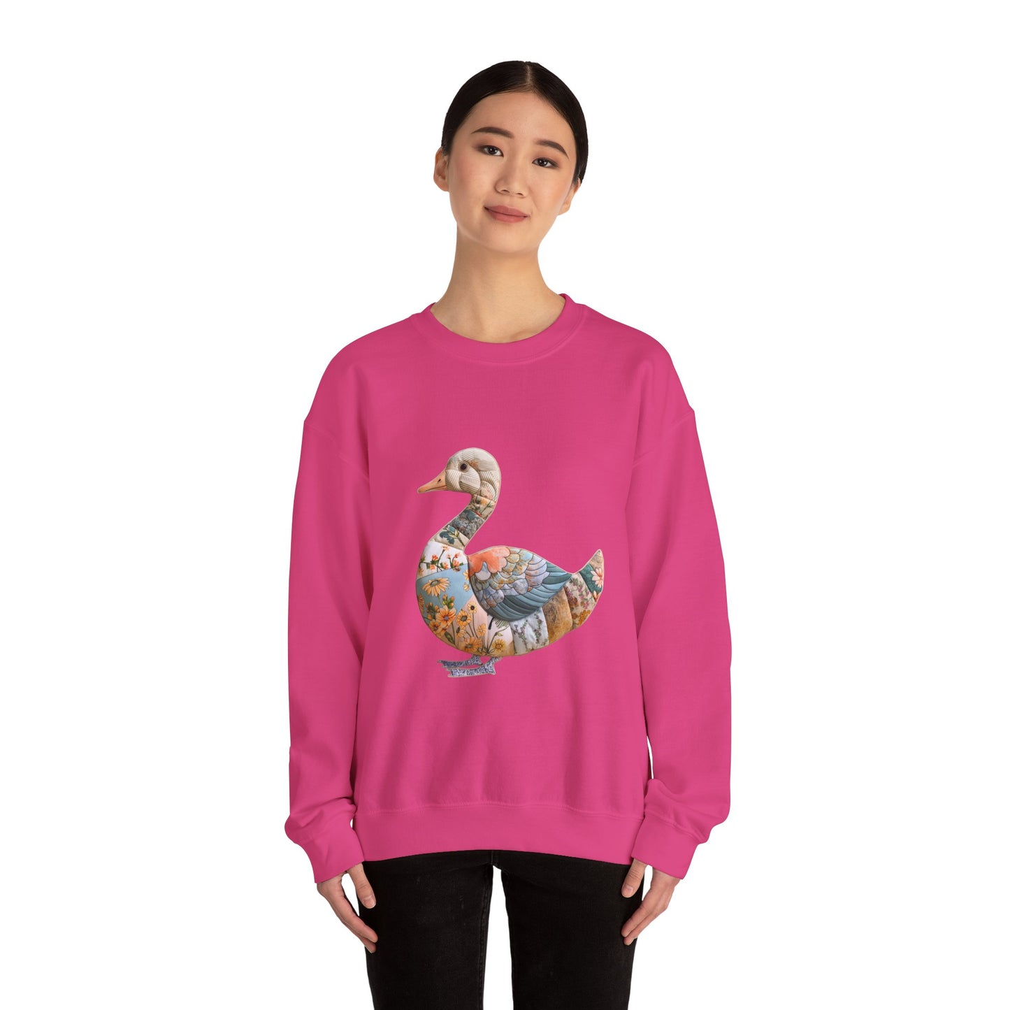 Goose FAUX Patchwork Crewneck Sweatshirt — Floral Decorative Duck Graphic Sweatshirt