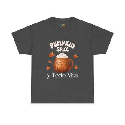 Pumpkin Spice y Todo Nice Unisex Heavy Cotton Tee, Autumn Shirt, Fall Apparel, Holiday Gift, Cozy Layering, Halloween T-Shirt