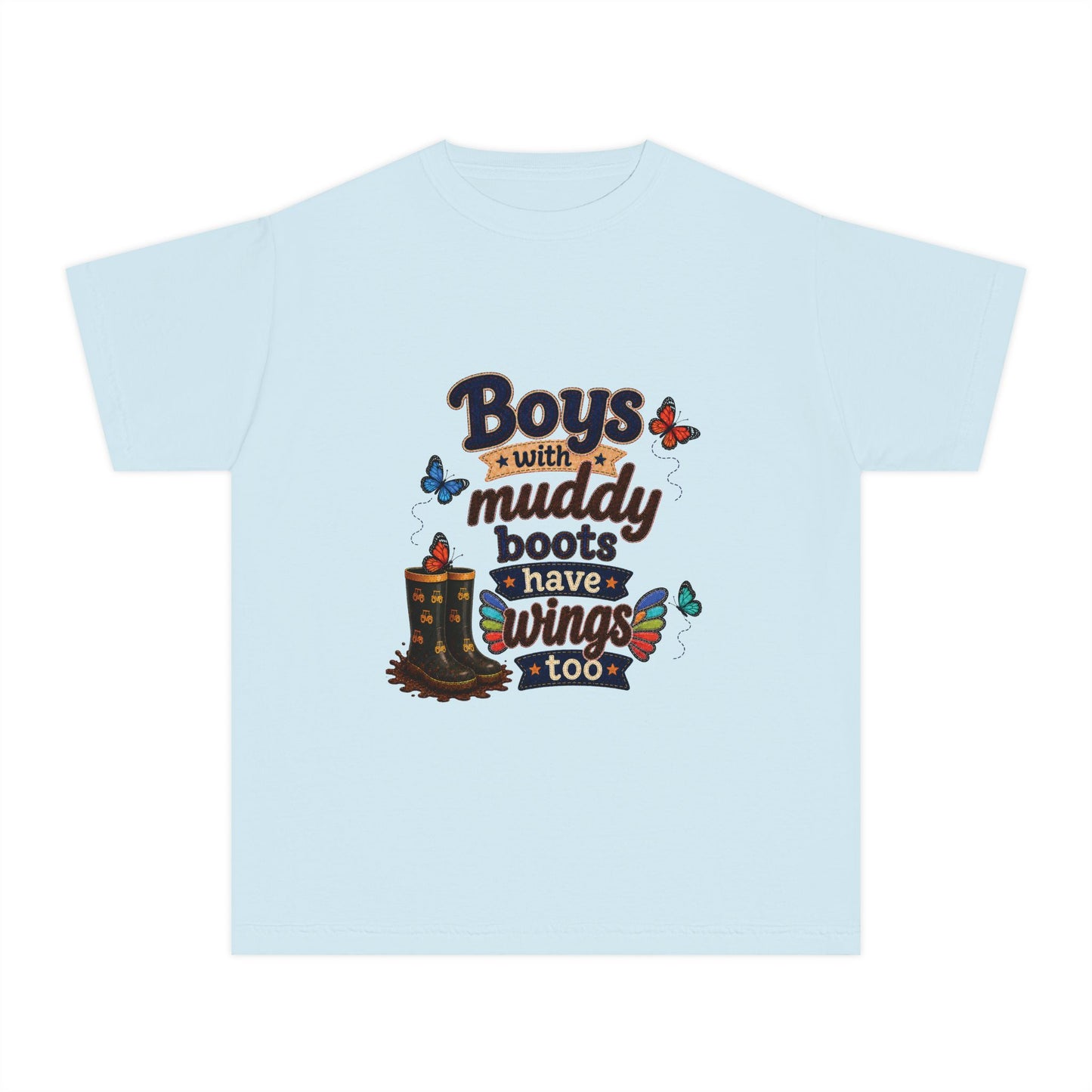 "Boys with Muddy Boots Have Wings Too" Rustic Farm Kids Tee Youth T‑Shirt
