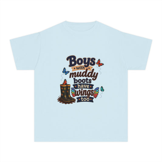 "Boys with Muddy Boots Have Wings Too" Rustic Farm Kids Tee Youth T‑Shirt