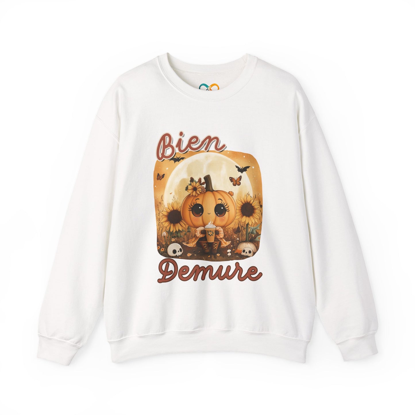 Crewneck Sweatshirt - Bien Demure Cute Pumpkin Holding Coffee for Halloween and Fall Activities